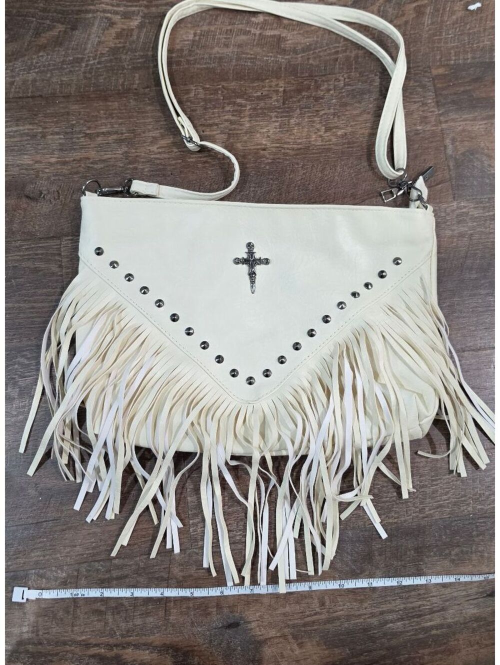 New White Faux Leather Fringe Cross Studded Shoulder Bag with Adjustable Strap